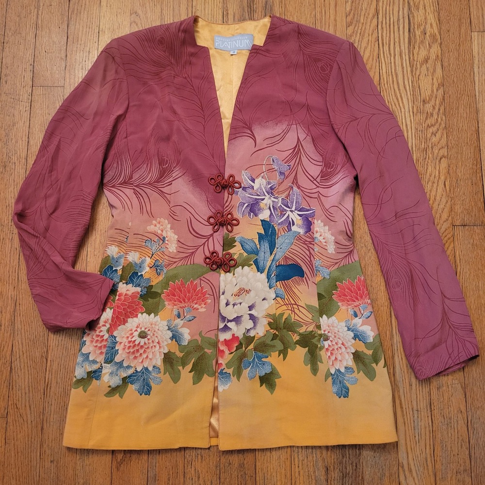 Dorothy Schoelen 8 Blazer Jacket USA Floral Ombre Frog Closure Vintage PLATINUM